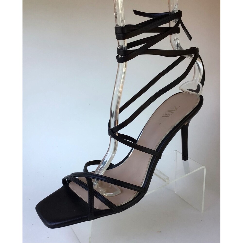 NEW ZARA Heeled Leather Strappy Tie Square Toe Sandals, Black (Size 41/US 10)